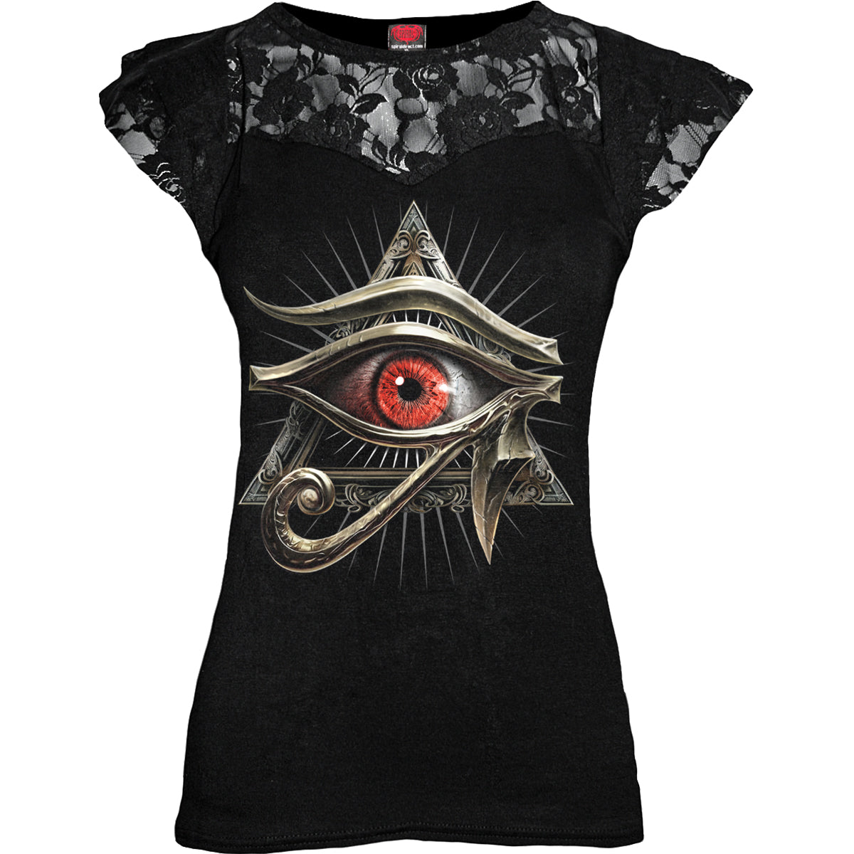 Evil Eye gothic Lace Layered Cap Sleeve Top in Black by Spiral Clothing - Front view