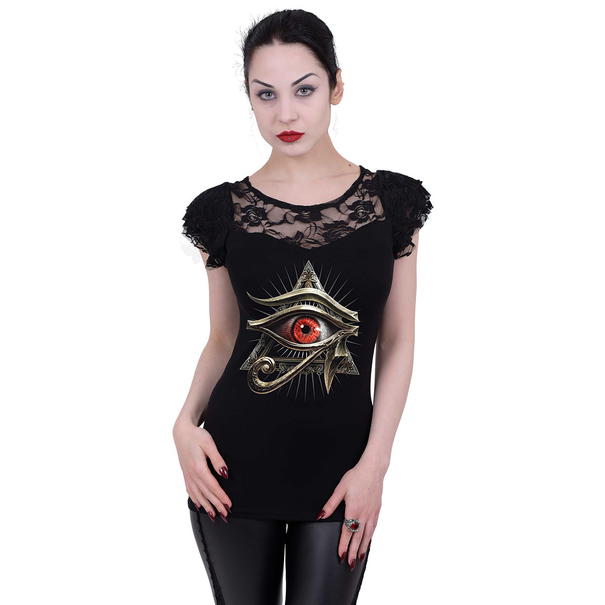 Evil Eye gothic Lace Layered Cap Sleeve Top in Black by Spiral Clothing worn by a women