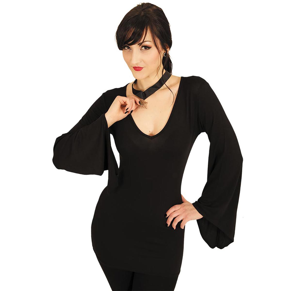 Gothic Elegance gothic V Neck Goth Sleeve Top in Black by Spiral Clothing worn by a women