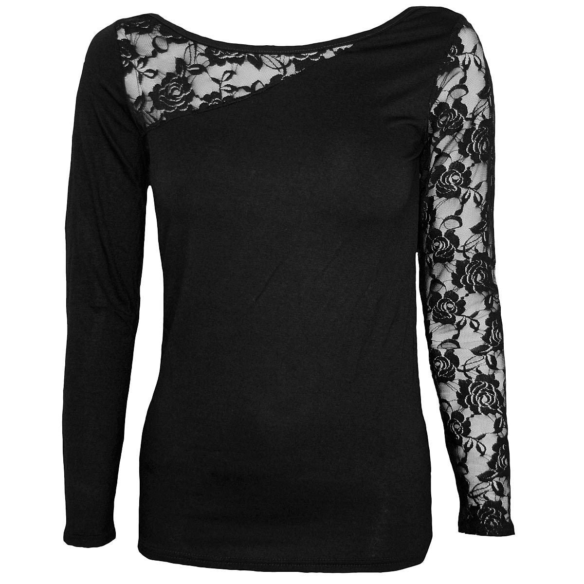 Gothic Elegance gothic Women's Lace One-Shoulder Long Sleeve Top in Black by Spiral Clothing - Front view