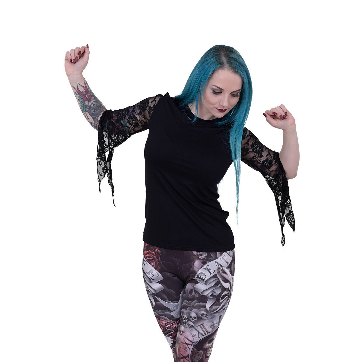 Male model wearing Gothic Elegance gothic  Rose Lace Sleeve Top in Black by Spiral Clothing