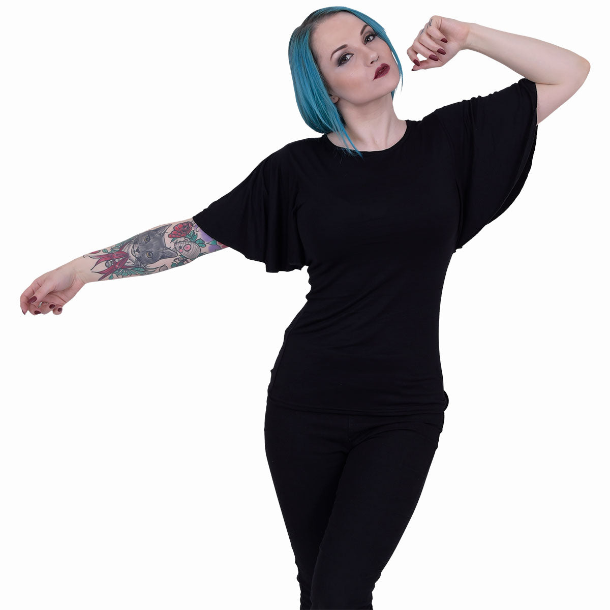 Gothic Elegance gothic  Boat Neck Bat Sleeve Top in Black by Spiral Clothing worn by a women
