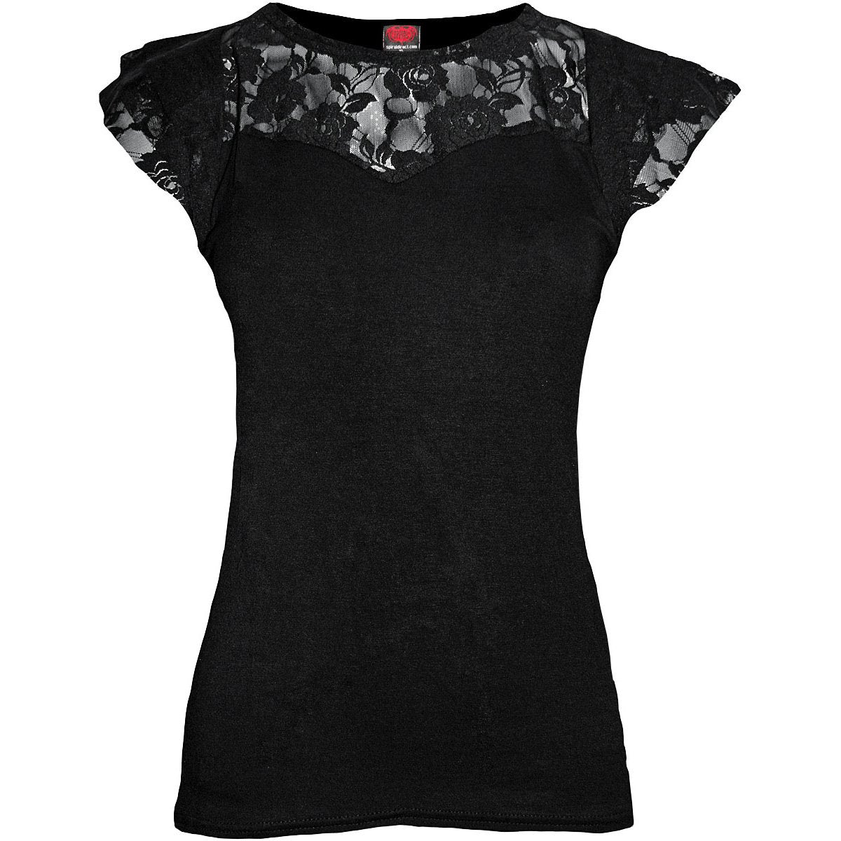 Gothic Elegance gothic Lace Layered Cap Sleeve Top in Black by Spiral Clothing - Front view