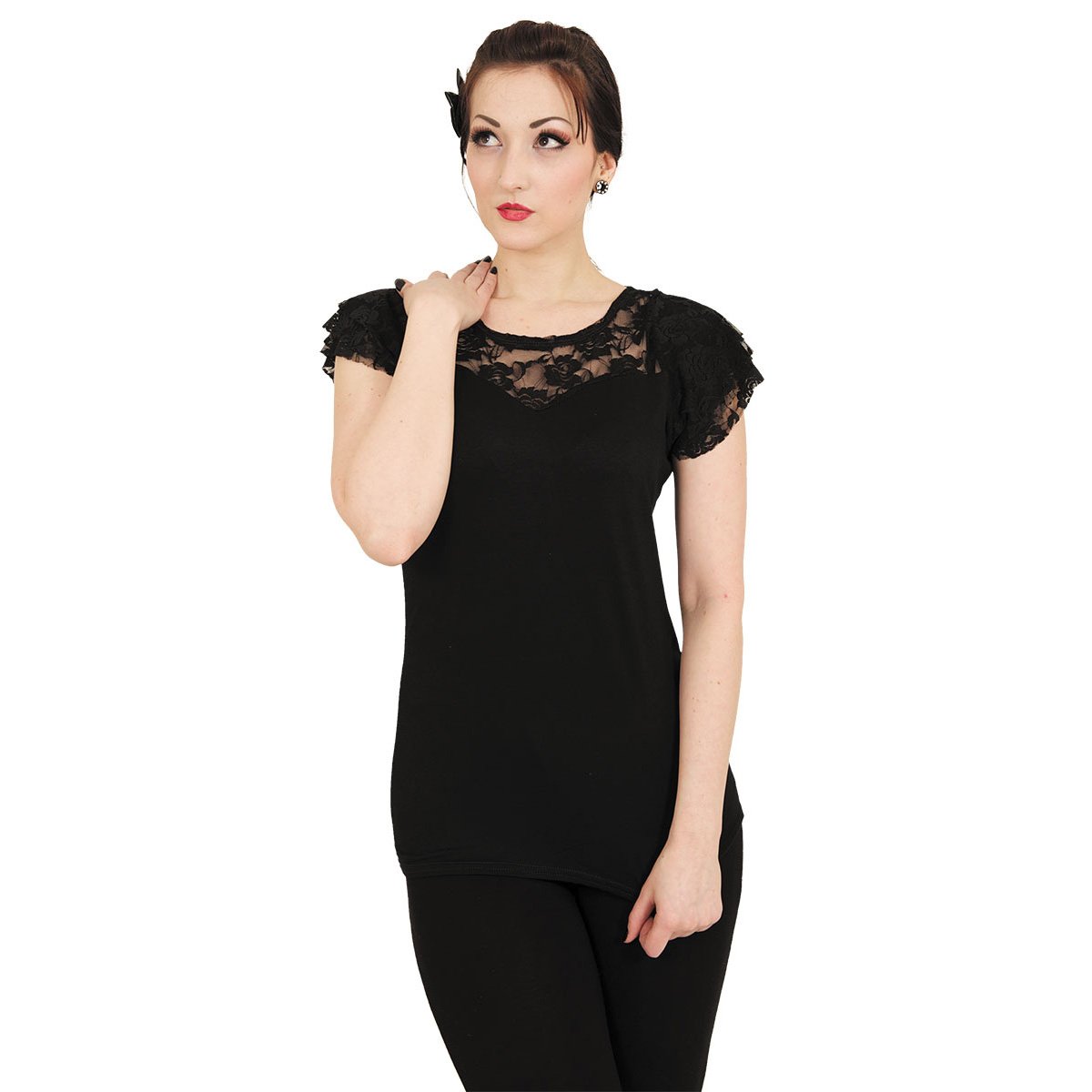 Gothic Elegance gothic Lace Layered Cap Sleeve Top in Black by Spiral Clothing worn by a women