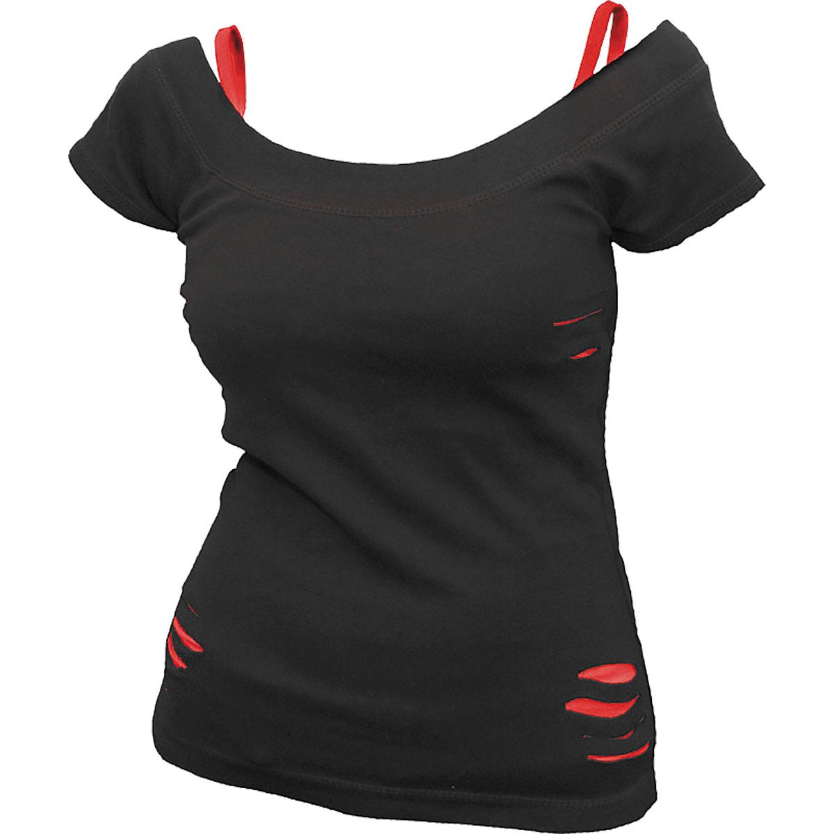 Urban Fashion gothic 2in1 Red Ripped Top in Red/Black by Spiral Clothing - Front view
