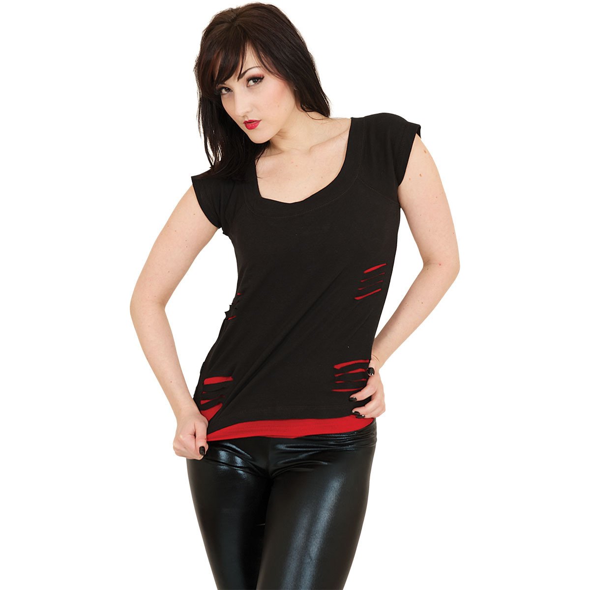 Urban Fashion gothic 2in1 Red Ripped Top in Red/Black by Spiral Clothing worn by a women