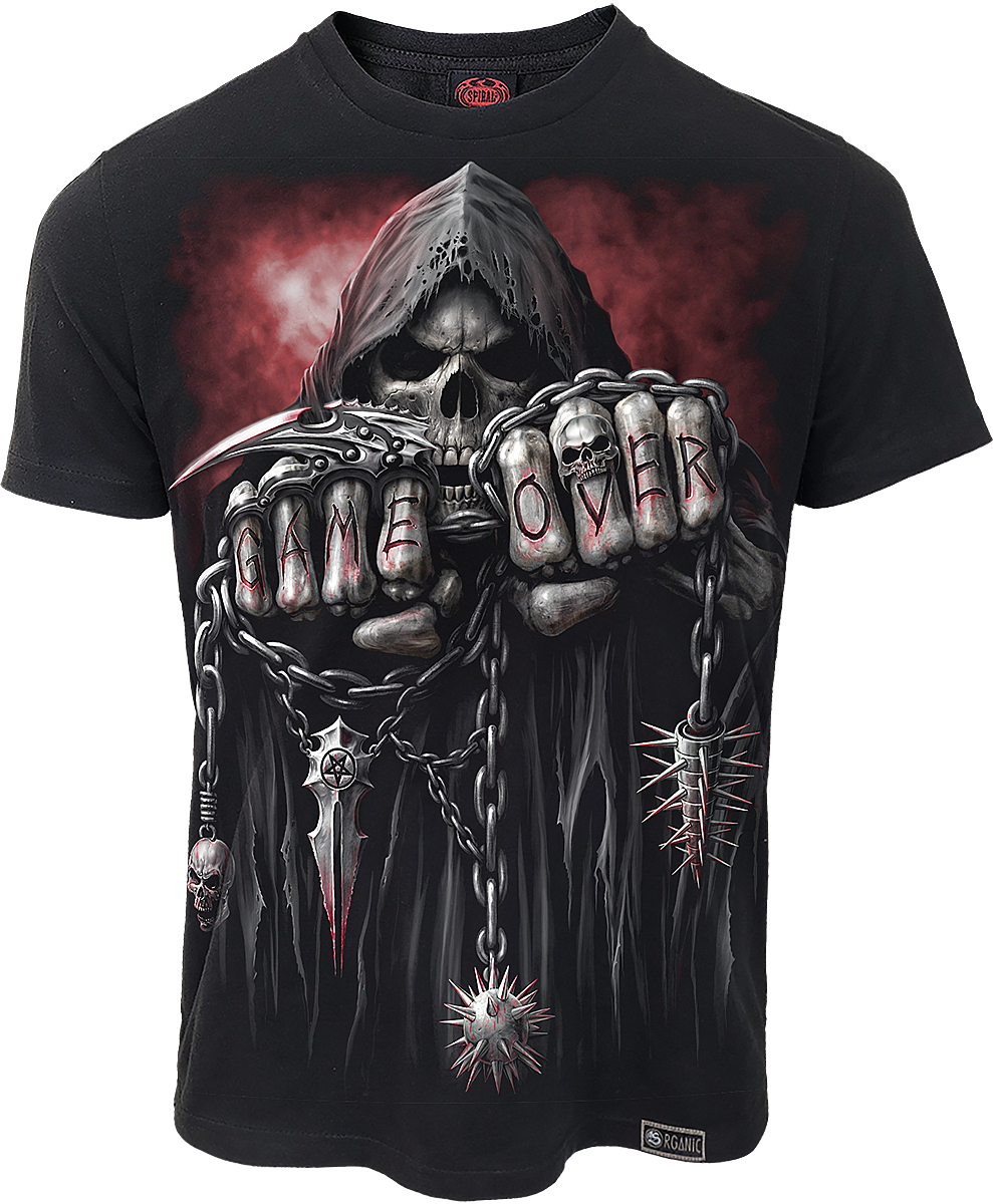 Game Over gothic Men's Organic T-Shirt in Black by Spiral Clothing - Front view