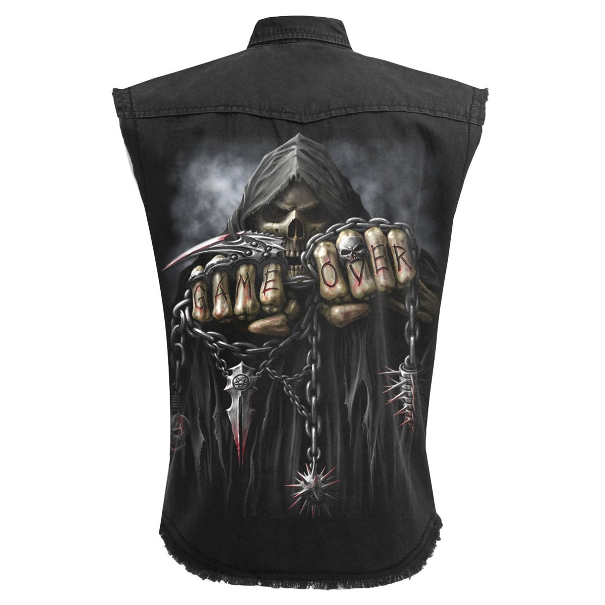 Back view of Game Over gothic Sleeveless Stone Washed Worker Shirt in Black by Spiral Clothing