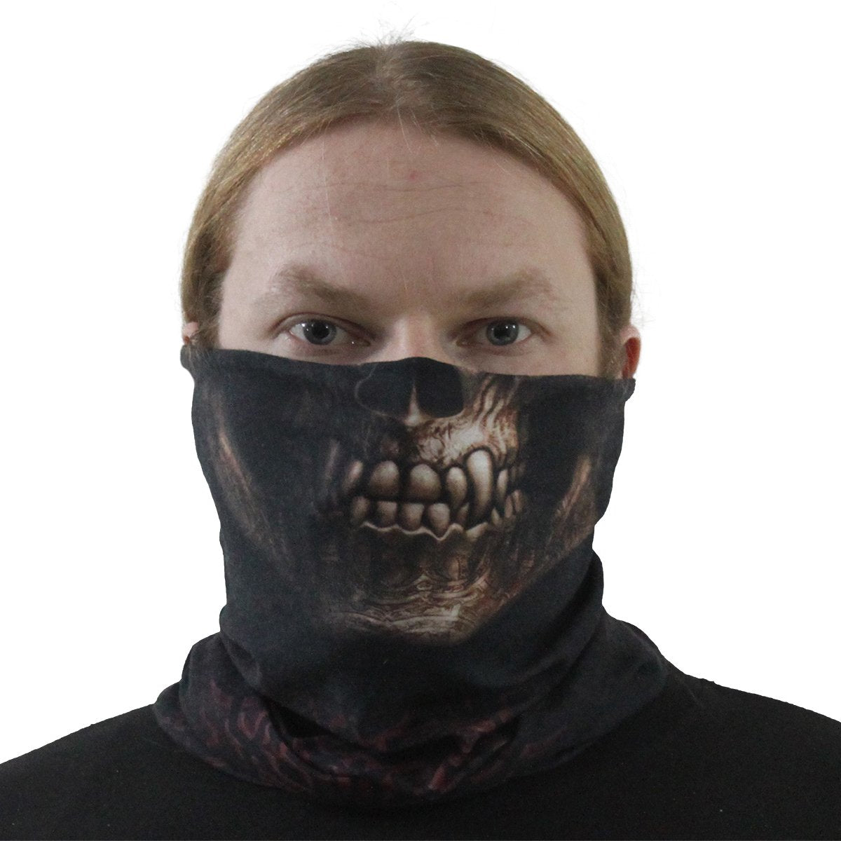 Male model wearing Goth Skull gothic  Multifunctional Face Wrap in Black by Spiral Clothing