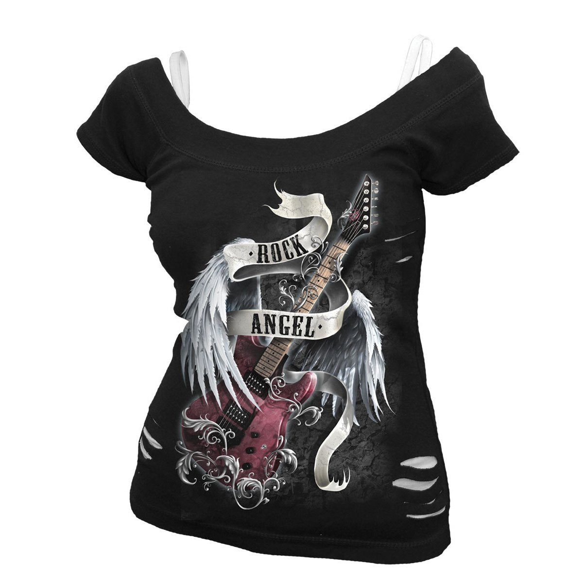 Rock Angel gothic 2in1 White Ripped Top in White/Black by Spiral Clothing 
