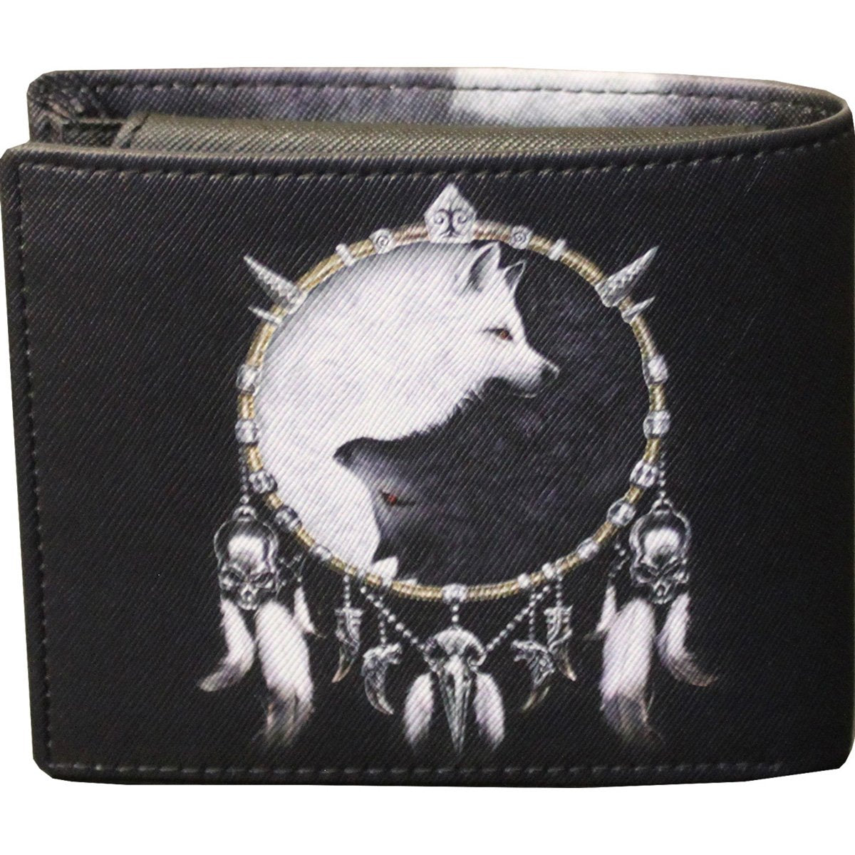 Back view of Wolf Chi gothic  BiFold Wallet with RFID Blocking and Gift Box in Green/Black by Spiral Clothing