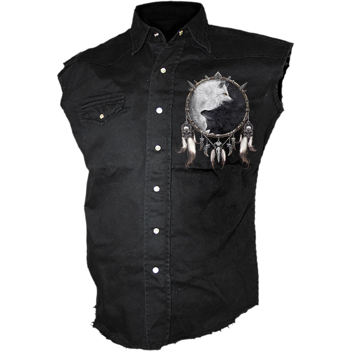 Wolf Chi gothic Men's Sleeveless Stone Washed Worker Shirt in Black by Spiral Clothing 