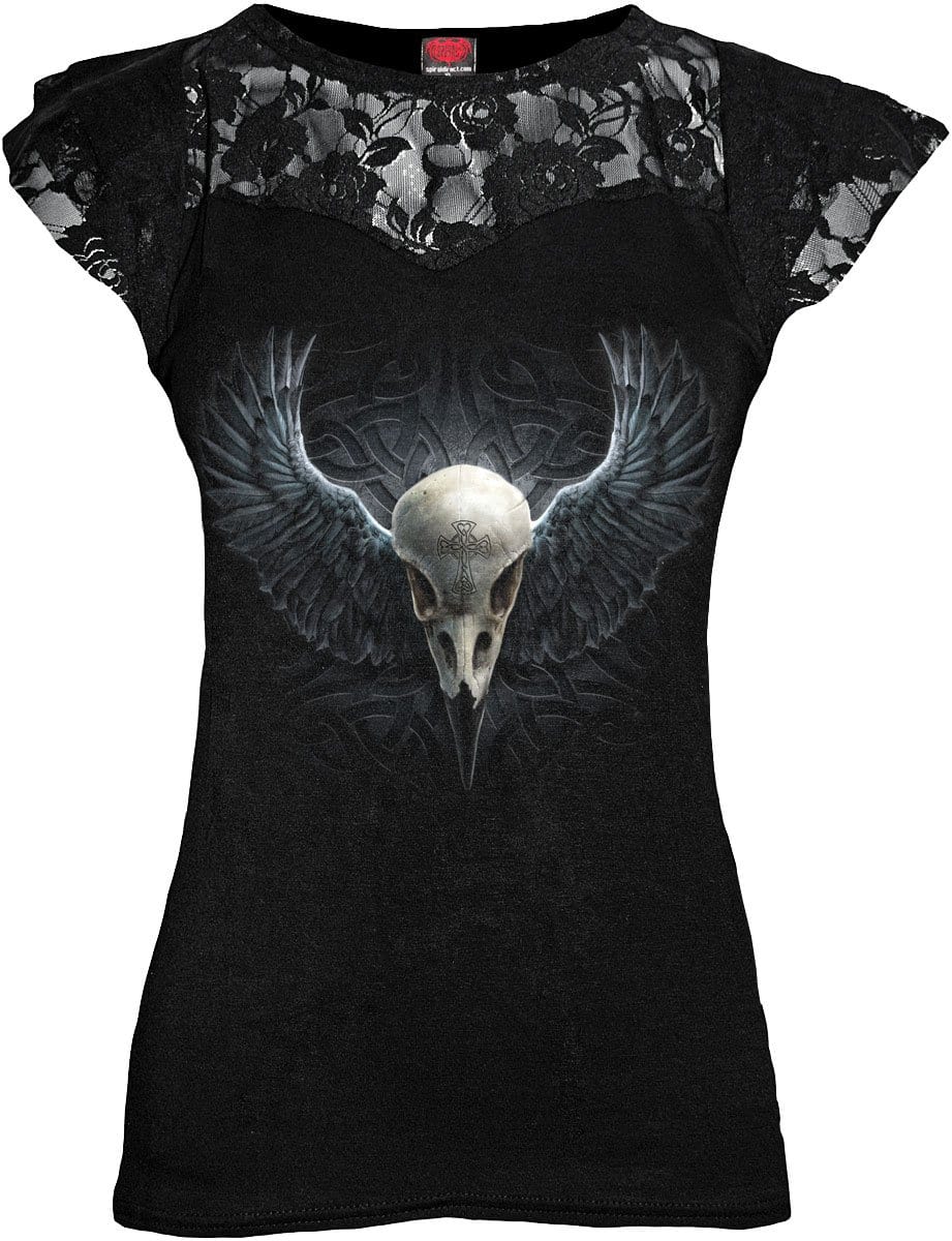 Raven Cage gothic Lace Layered Cap Sleeve Top in Black by Spiral Clothing - Front view