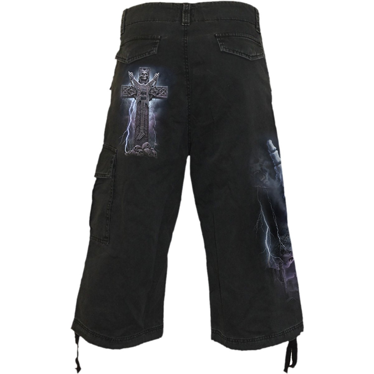 Back view of Rock Eternal gothic  Vintage Cargo Shorts 3/4 Long in Black by Spiral Clothing