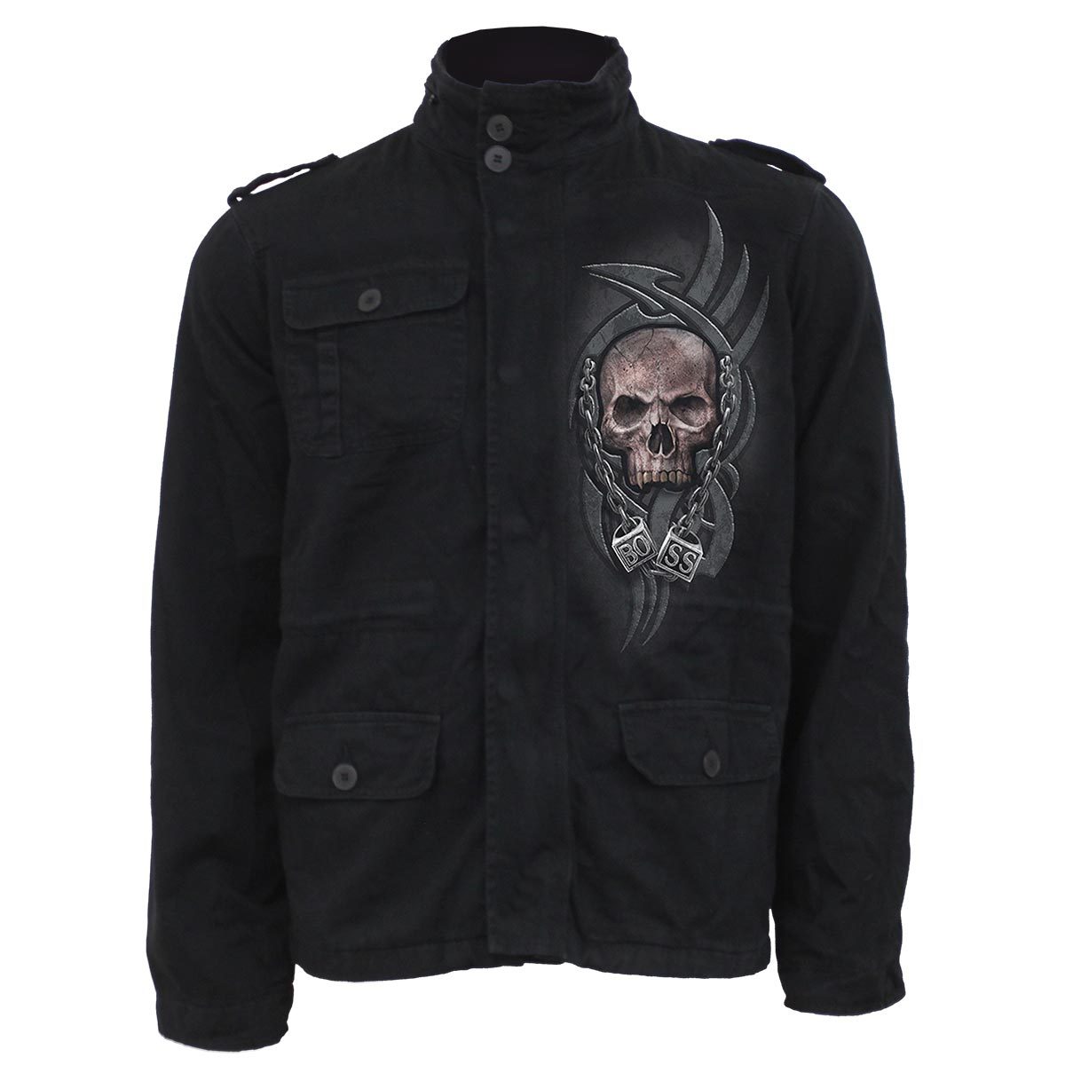 Boss Reaper gothic Men's Military Lined Jacket with Hidden Hood in Black by Spiral Clothing 