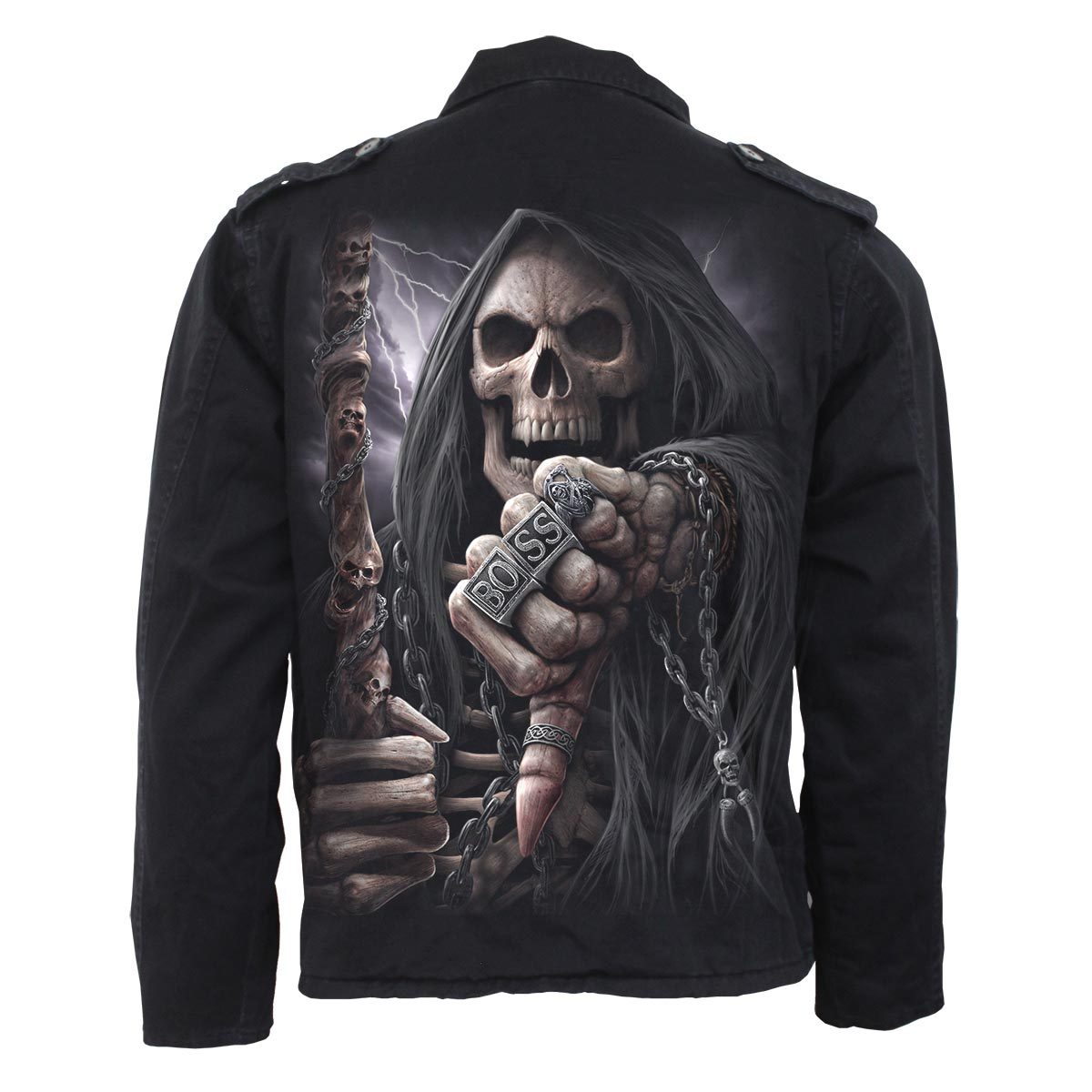 Boss Reaper gothic  Military Lined Jacket with Hidden Hood in Black by Spiral Clothing 