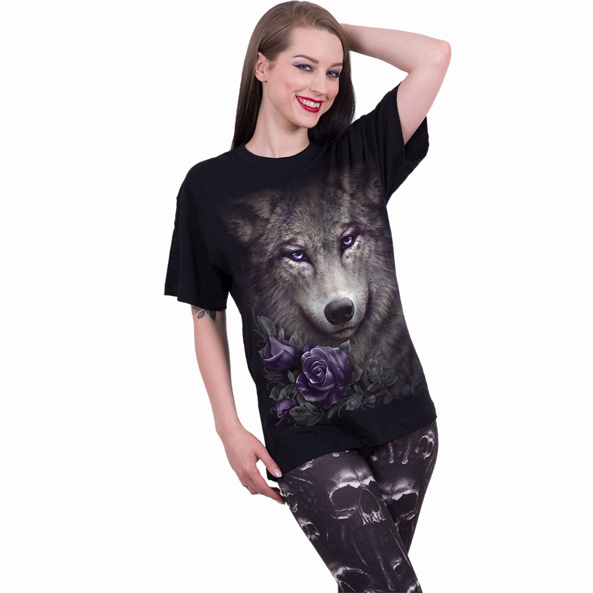 Female model wearing Wolf Roses gothic Front Print T-Shirt in Black by Spiral Clothing