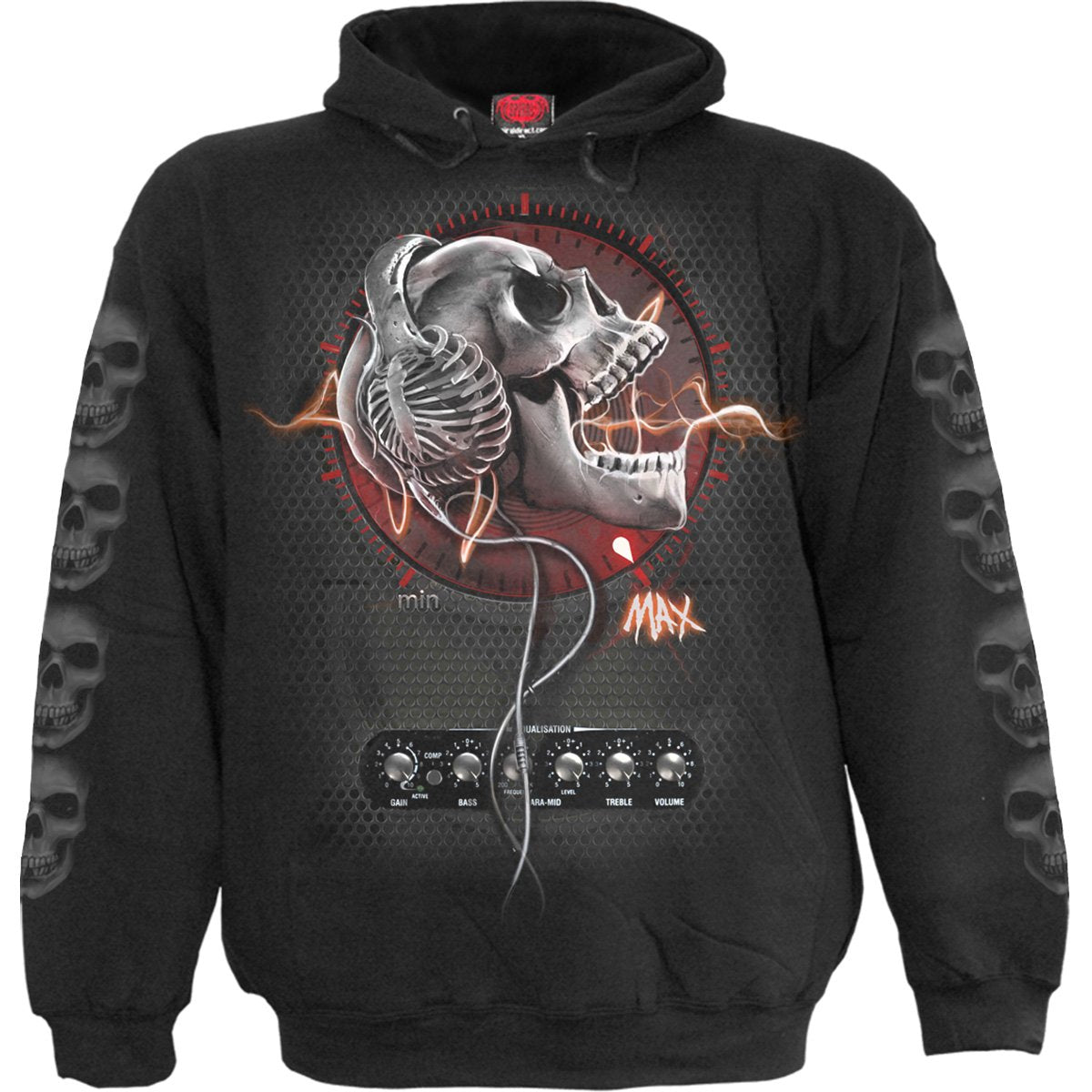 Never Too Loud gothic Kids Kids Hoody in Black by Spiral Clothing - Front view