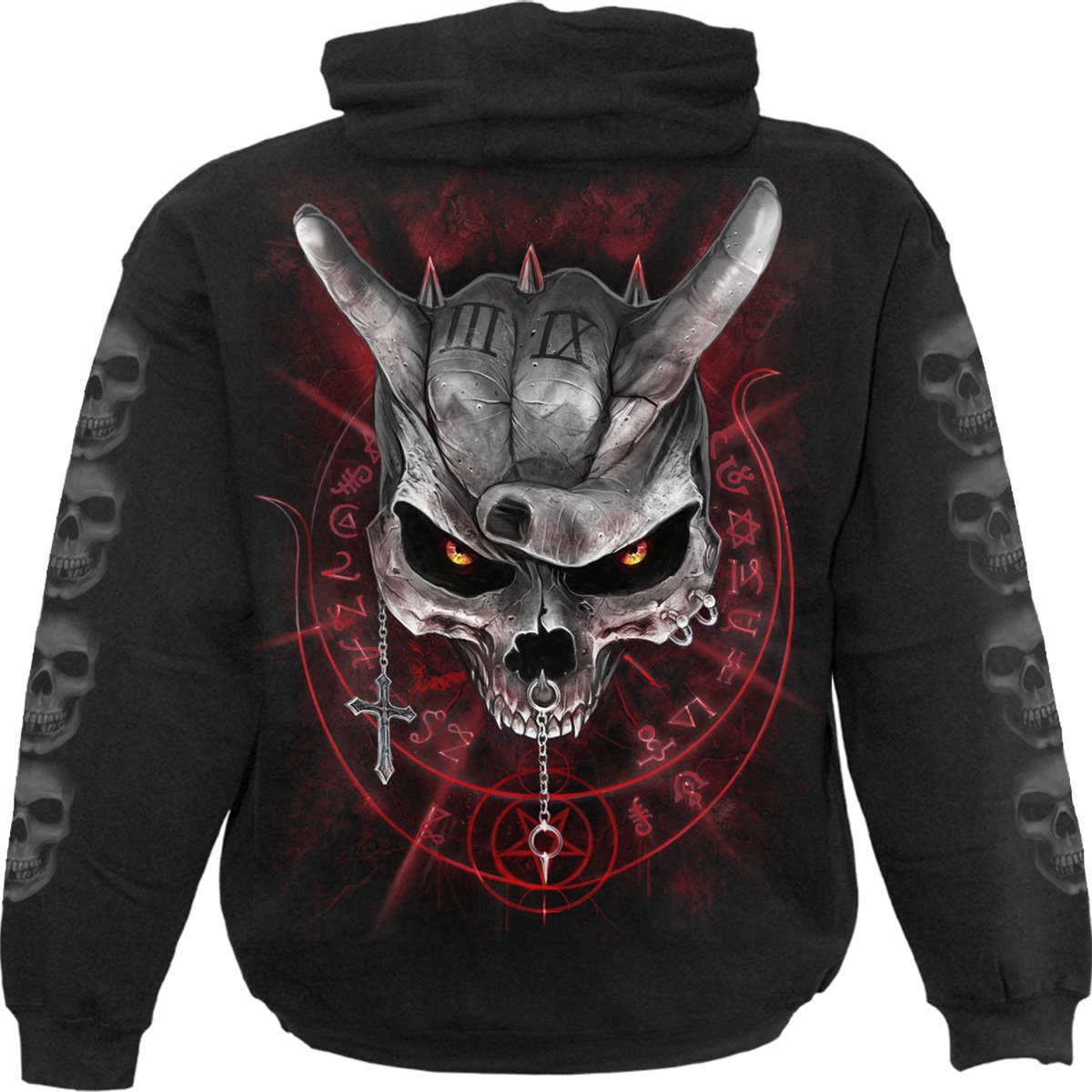 Back view of Never Too Loud gothic  Kids Hoody in Black by Spiral Clothing