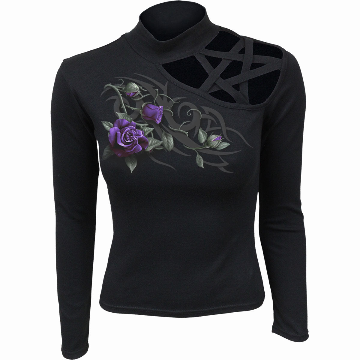 Tribal Rose gothic Pentagram Shoulder Longsleeve Top in Black by Spiral Clothing - Front view