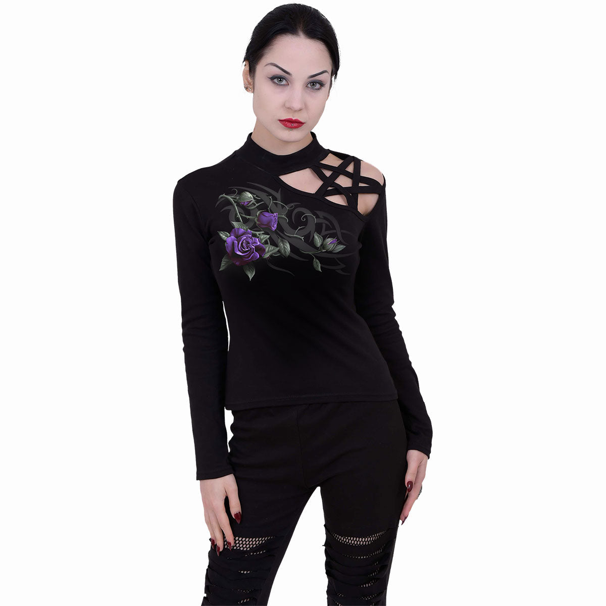 Tribal Rose gothic Pentagram Shoulder Longsleeve Top in Black by Spiral Clothing worn by a women