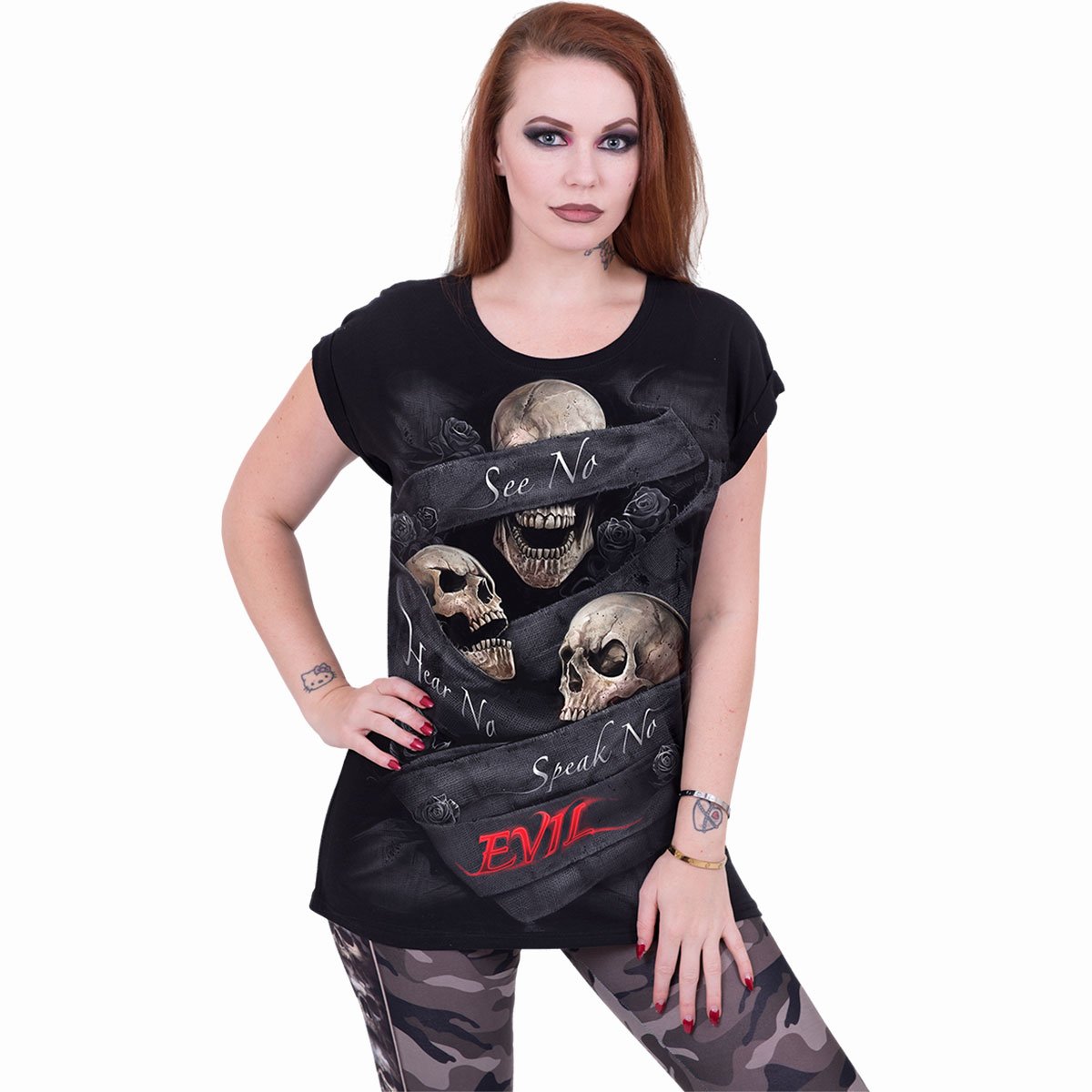 Male model wearing See No Evil gothic Turnup Sleeve Loosefit Tee in Black by Spiral Clothing