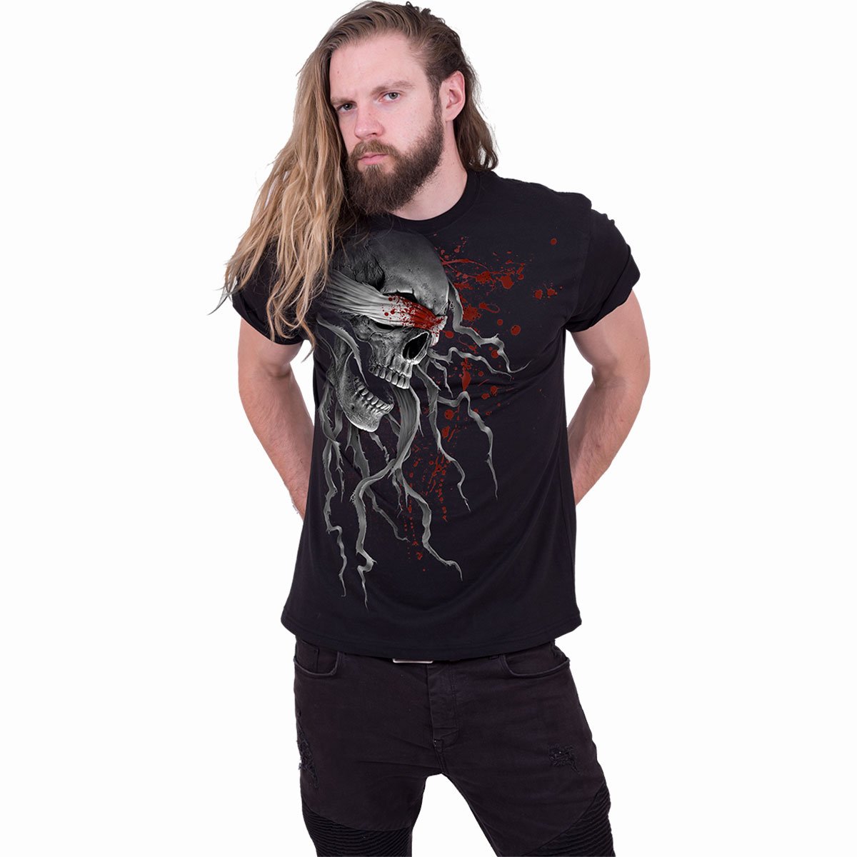 Male model wearing Blind Faith gothic Front Print T-Shirt in Black by Spiral Clothing