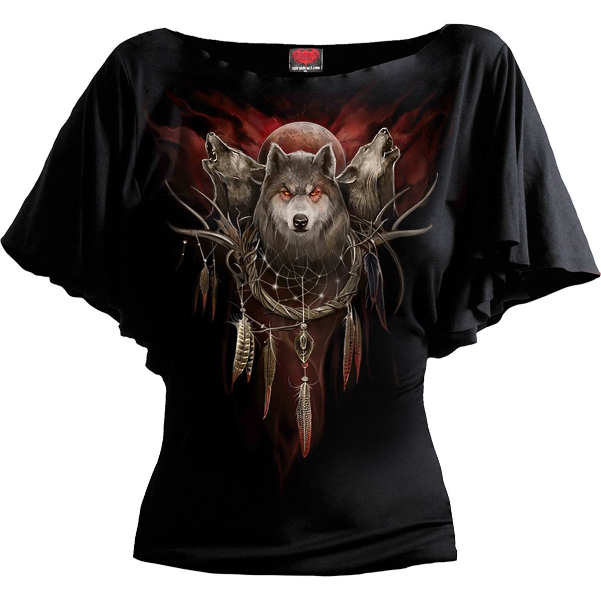 Cry Of The Wolf gothic Boat Neck Bat Sleeve Top in Black by Spiral Clothing 