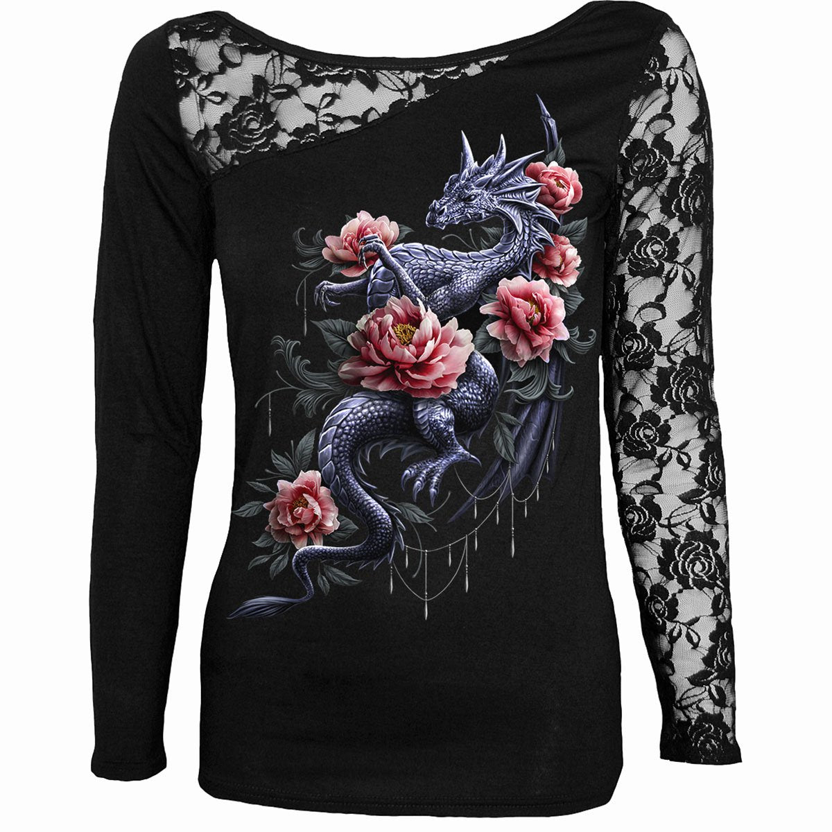 Dragon Rose Slant gothic Lace One-Shoulder Long Sleeve Top in Black by Spiral Clothing 