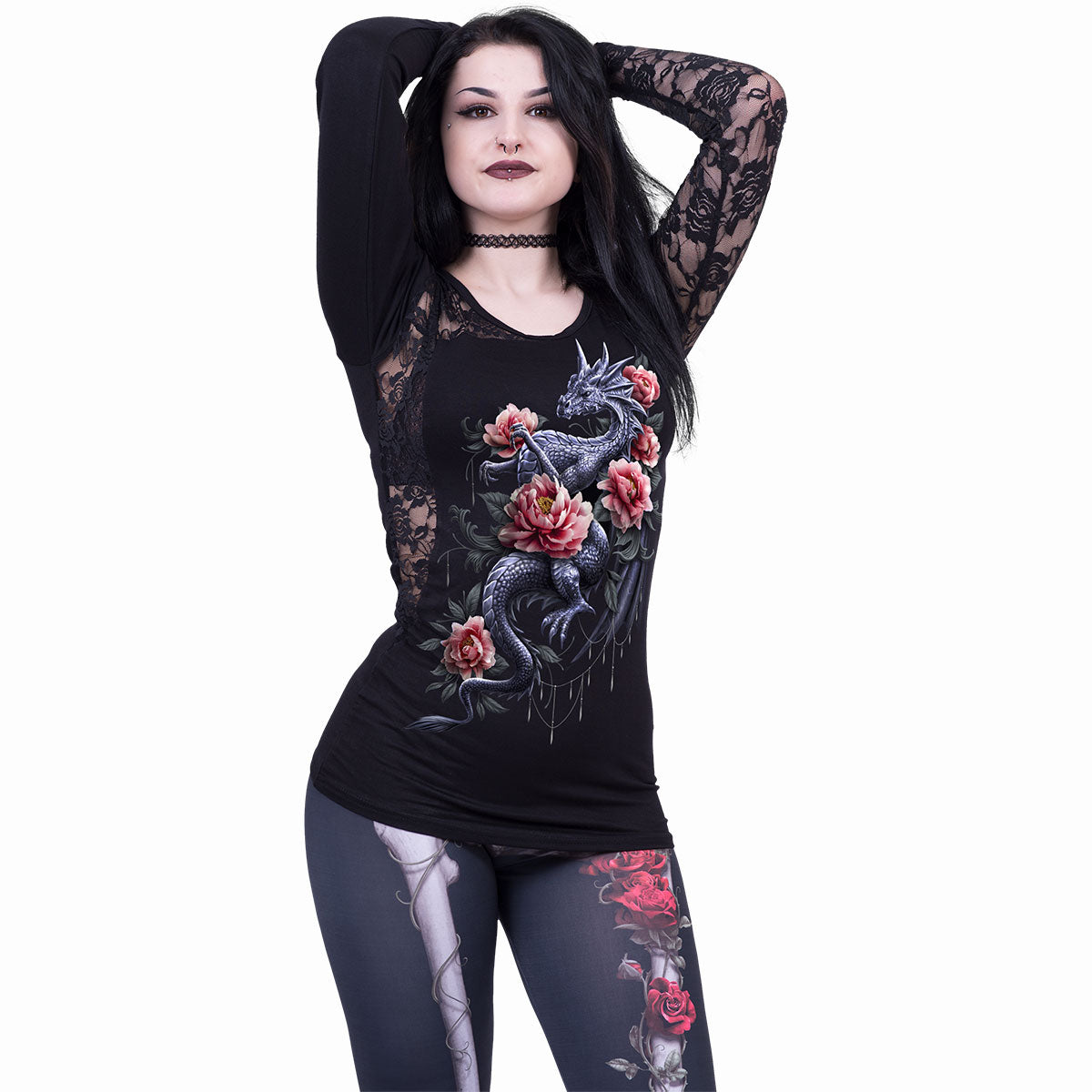 Male model wearing Dragon Rose Slant gothic Lace One-Shoulder Long Sleeve Top in Black by Spiral Clothing