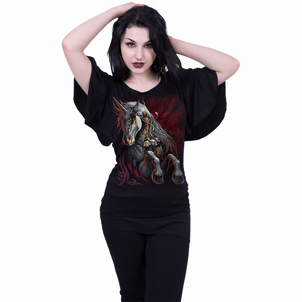 Male model wearing Infernal Unicorn gothic Boat Neck Bat Sleeve Top in Black by Spiral Clothing