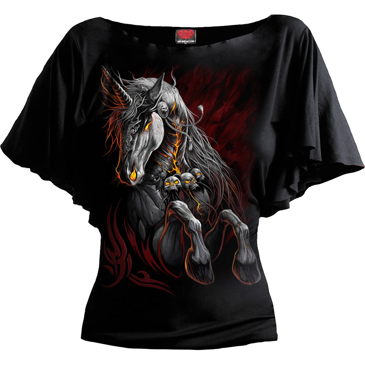 Infernal Unicorn gothic Boat Neck Bat Sleeve Top in Black by Spiral Clothing 