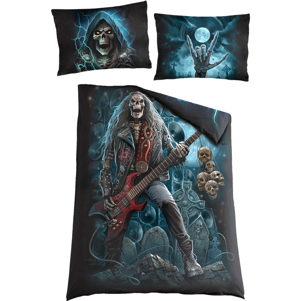 Grim Rocker gothic Single Cotton Duvet Cover + UK And EU Pillow case in Black by Spiral Clothing 