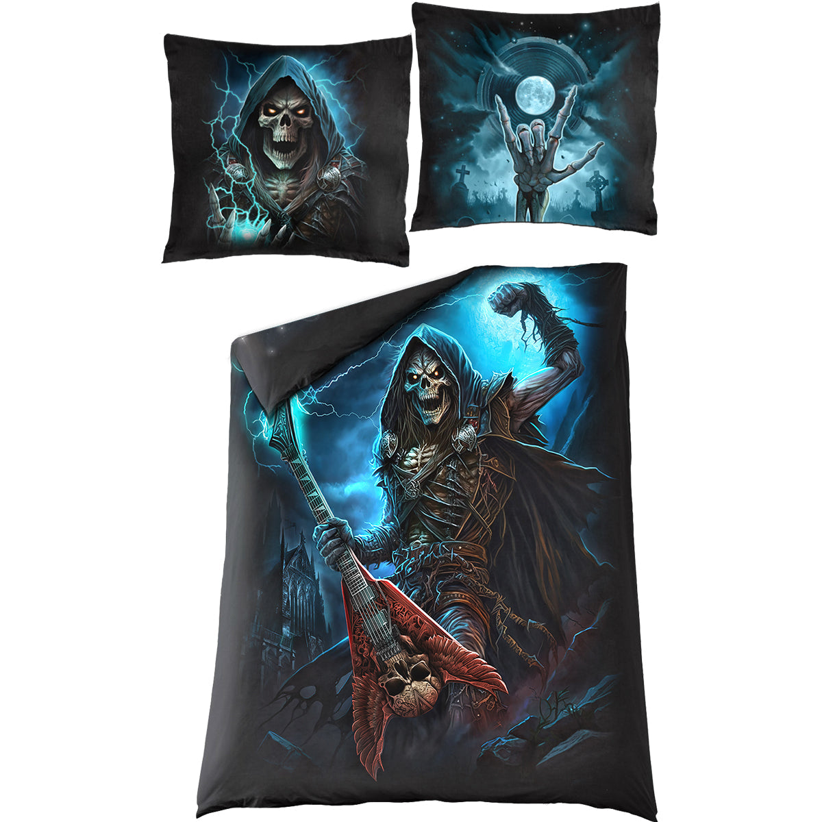 Grim Rocker gothic Single Cotton Duvet Cover + UK And EU Pillow case in Black by Spiral Clothing 