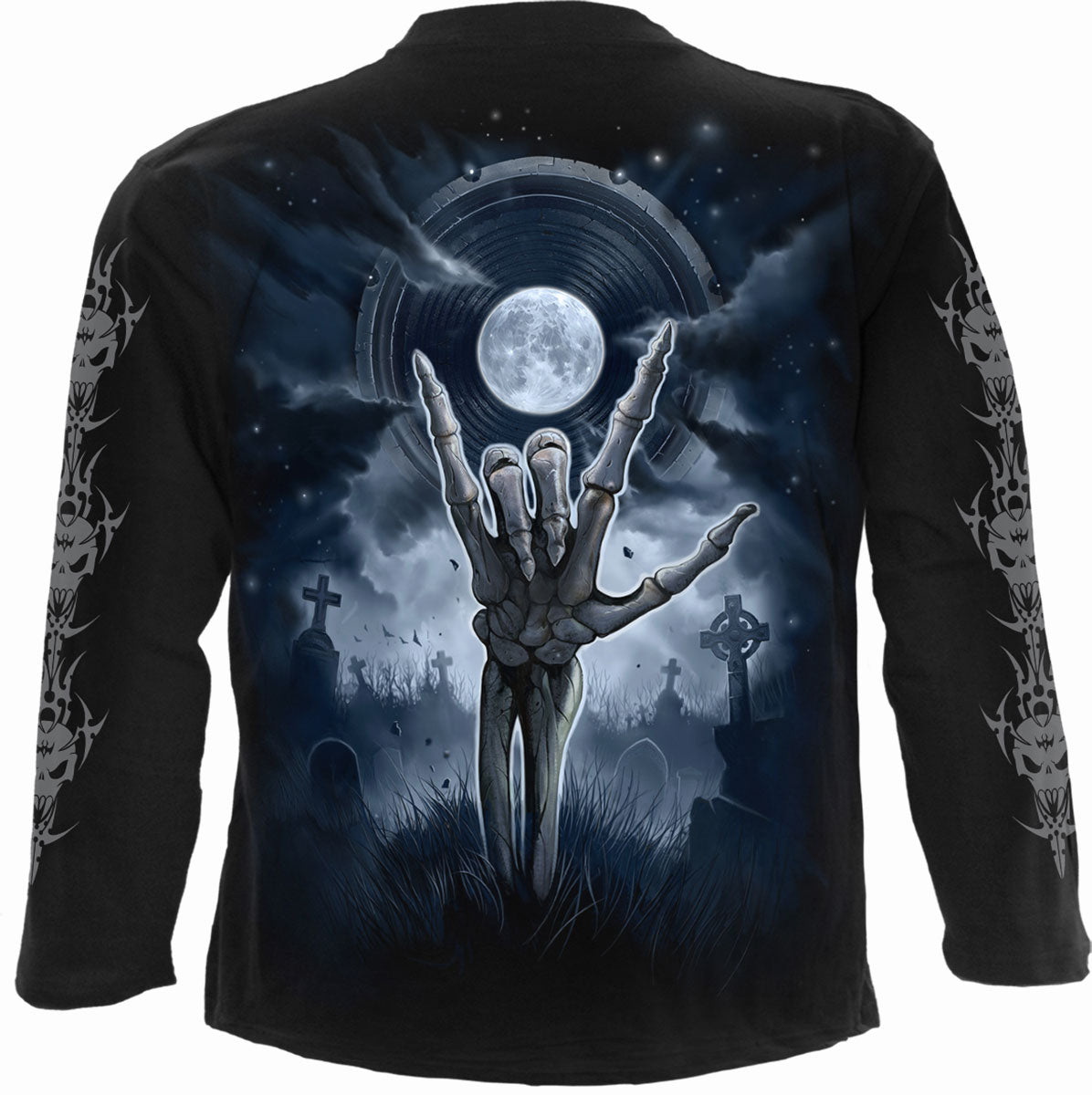 Male model wearing Grim Rocker gothic  Longsleeve T-Shirt in Black by Spiral Clothing
