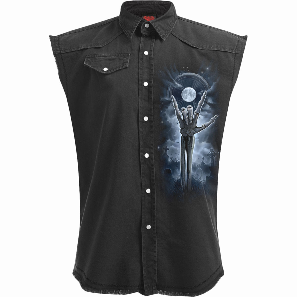 Grim Rocker gothic Sleeveless Stone Washed Worker Shirt in Black by Spiral Clothing - Front view