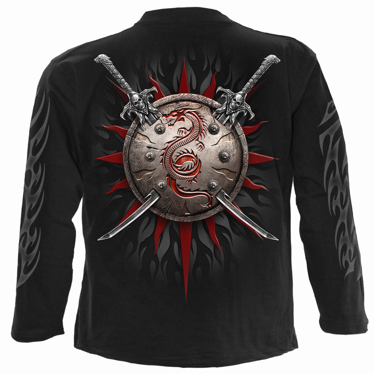 Back view of Oriental Dragon gothic  Longsleeve T-Shirt in Black by Spiral Clothing