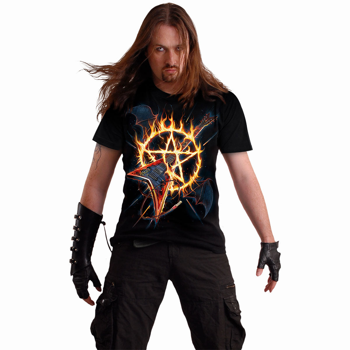 Male model wearing Hot Metal gothic Front Print T-Shirt in Black by Spiral Clothing