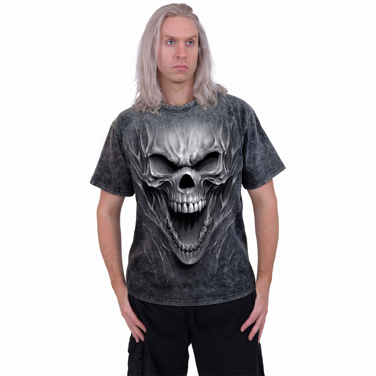 Male model wearing Beast Within gothic Acid Wash T-Shirt in Black by Spiral Clothing