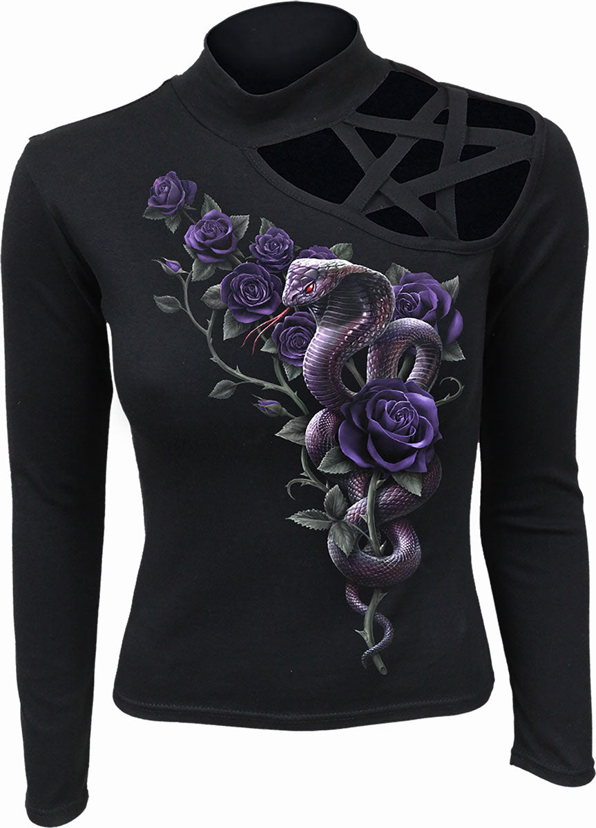 Cobra Roses gothic Pentagram Shoulder Longsleeve Top in Black by Spiral Clothing - Front view