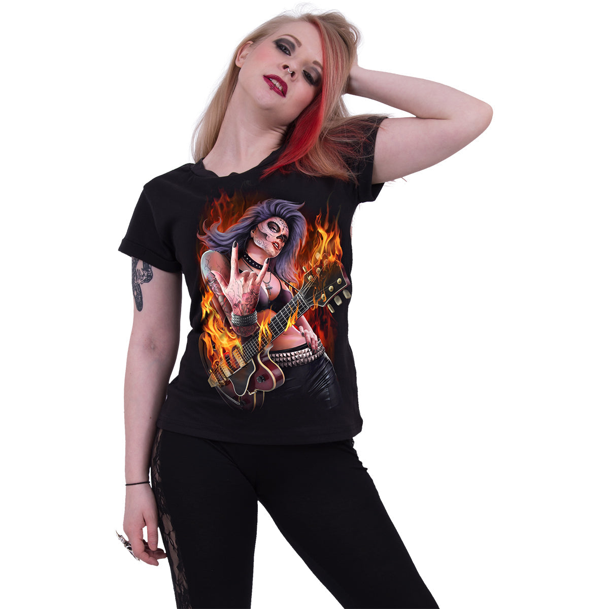 Rocking The Dead gothic Boat Neck Cap Sleeve Top in Black by Spiral Clothing worn by a women