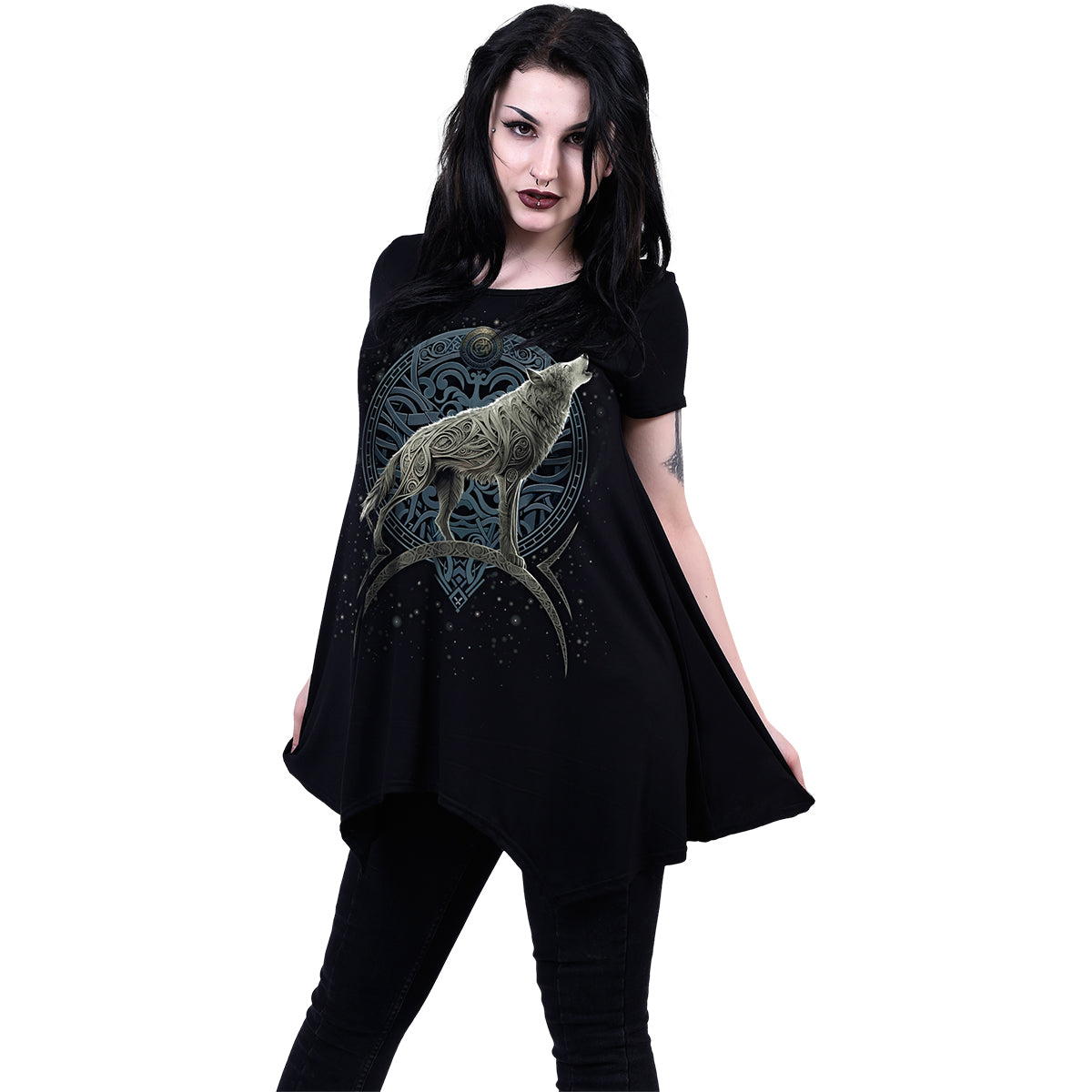 Celtic Wolf gothic Smock - Tunic Casual Top in Black by Spiral Clothing worn by a women