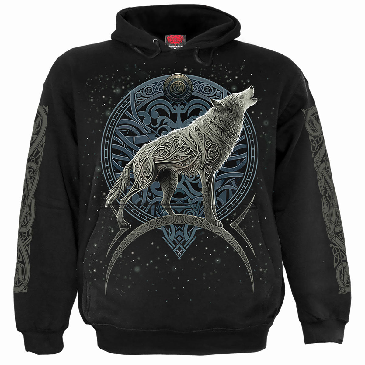 Celtic Wolf gothic Hoody in Black by Spiral Clothing - Front view
