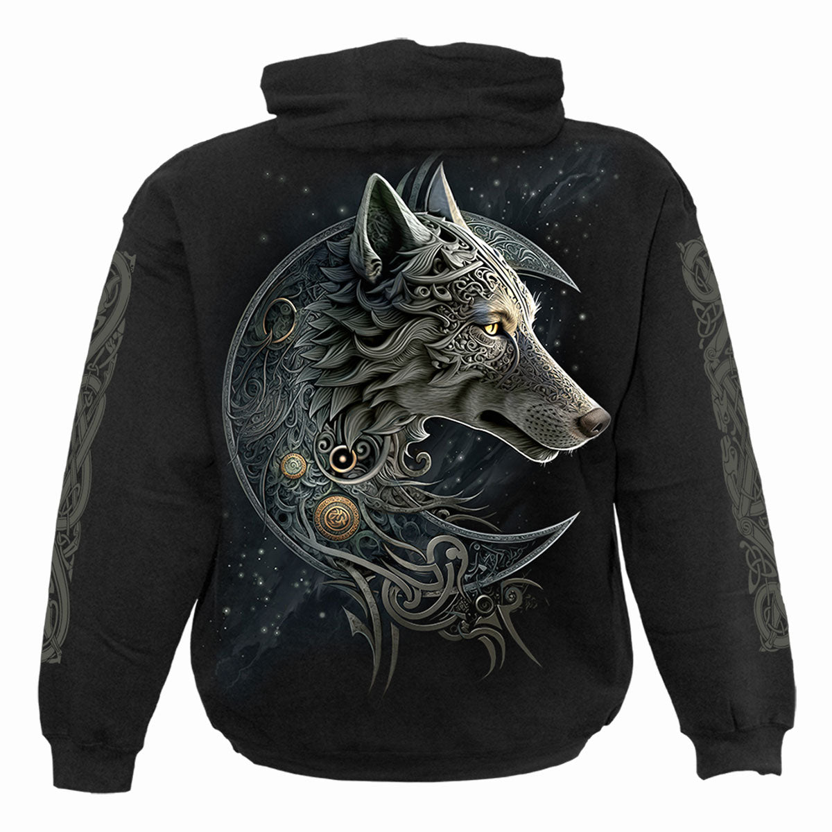 Back view of Celtic Wolf gothic Hoody in Black by Spiral Clothing