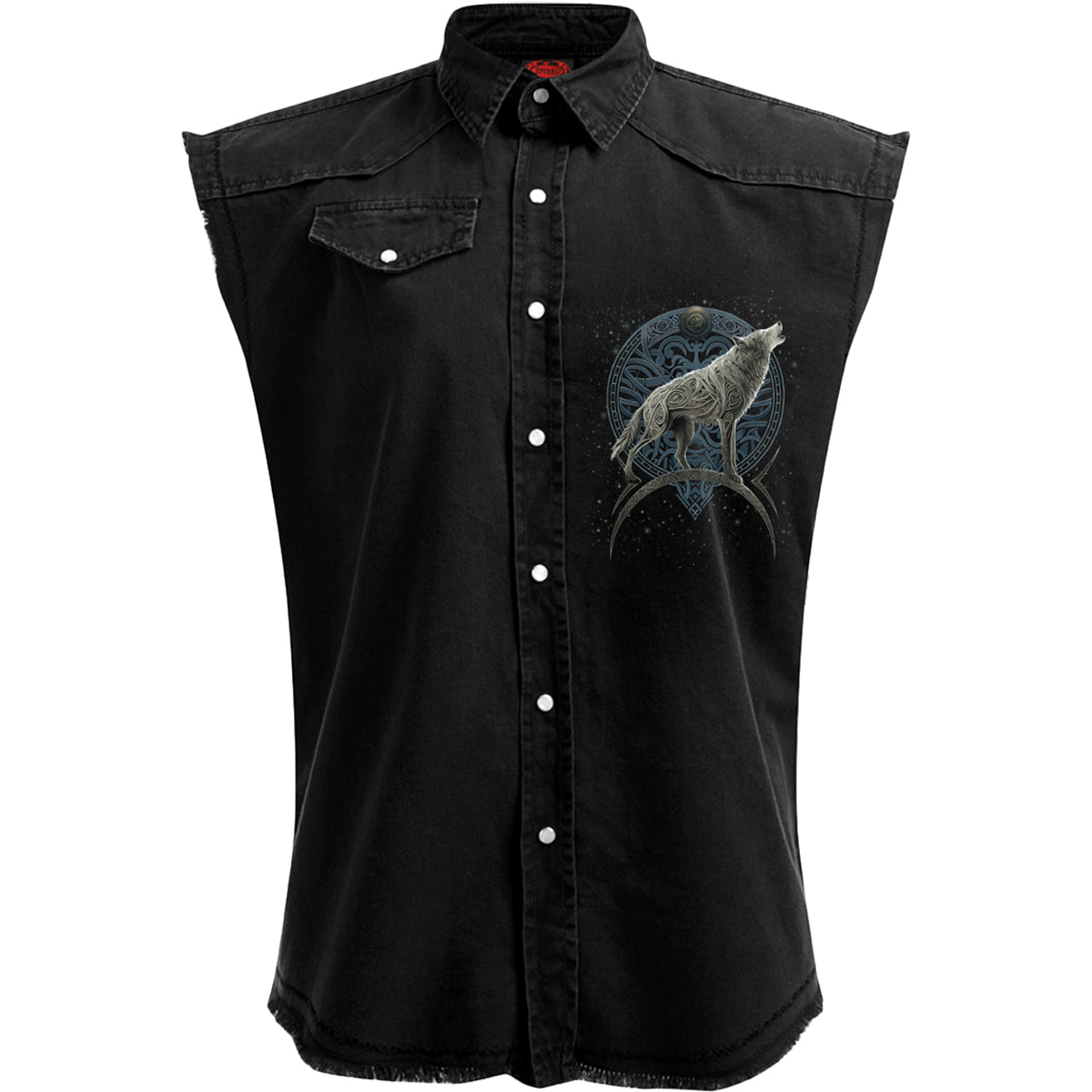 Celtic Wolf gothic Men's Sleeveless Stone Washed Worker Shirt in Black by Spiral Clothing - Front view