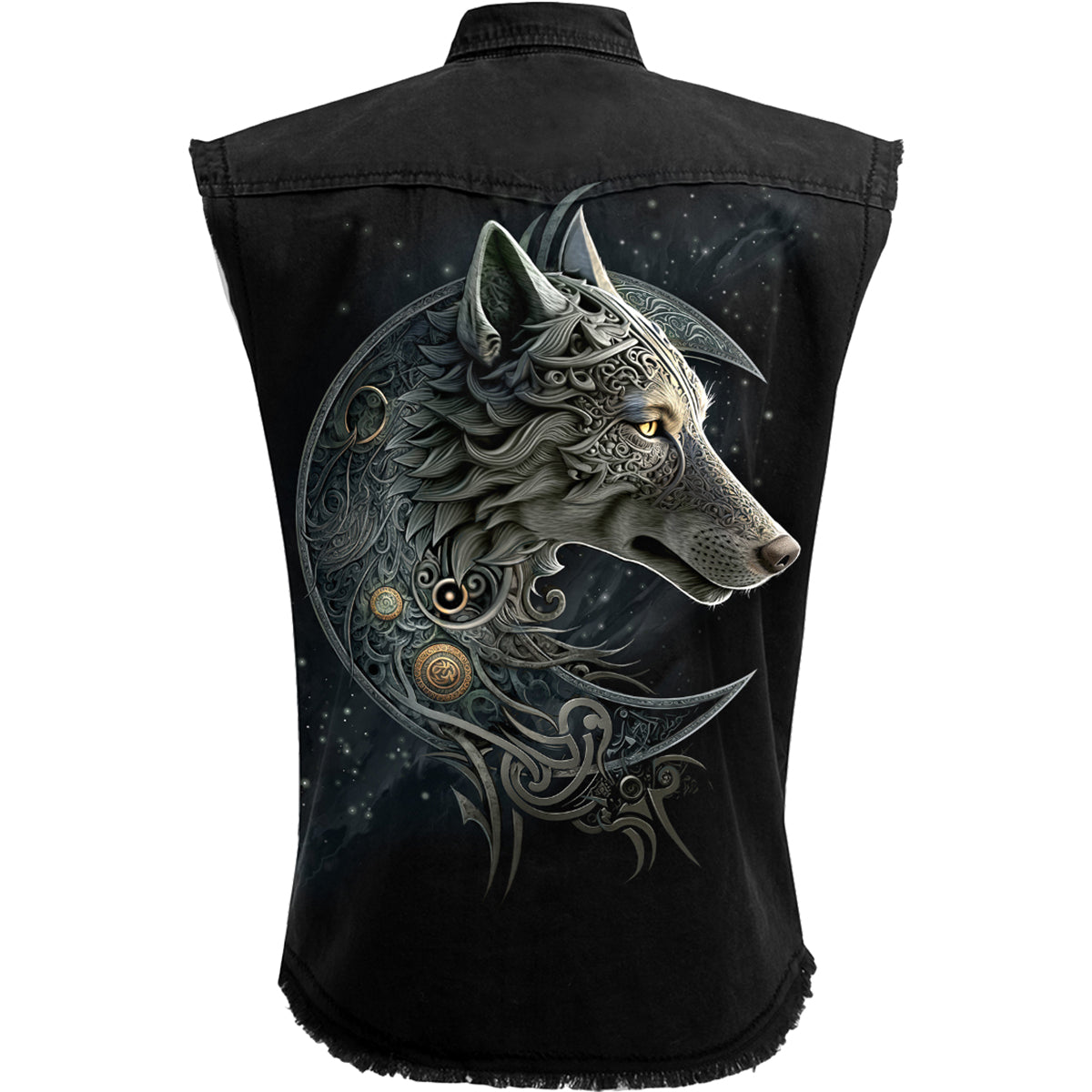 Back view of Celtic Wolf gothic  Sleeveless Stone Washed Worker Shirt in Black by Spiral Clothing