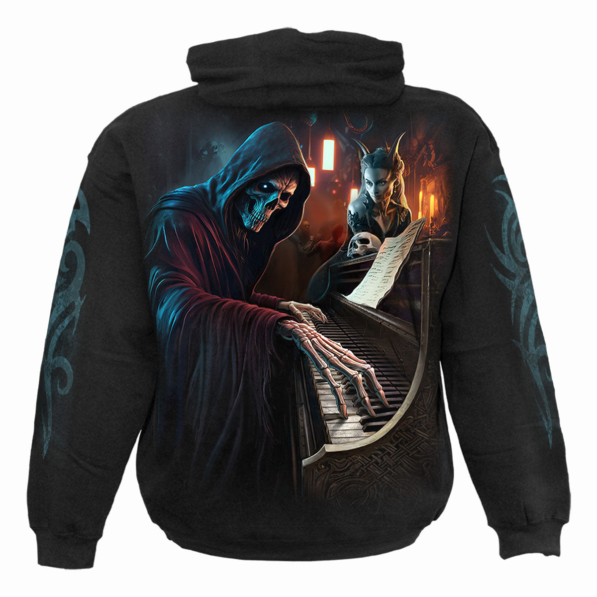 Male model wearing Midnight Blues gothic  Hoody in Black by Spiral Clothing