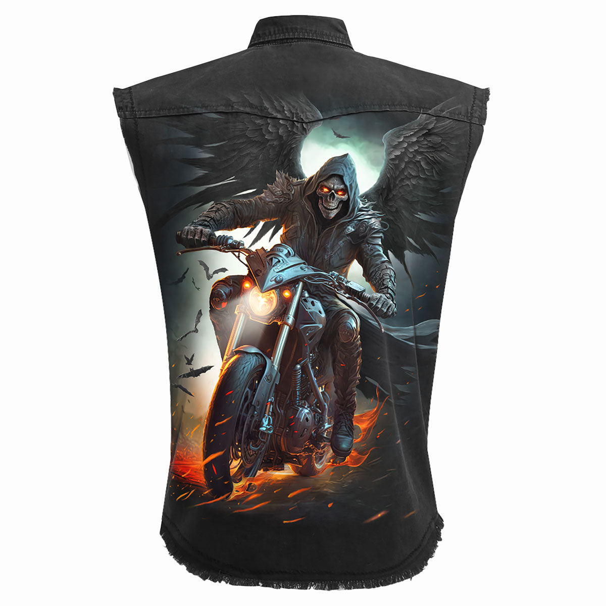 Male model wearing Night Rider gothic  Sleeveless Stone Washed Worker Shirt in Black by Spiral Clothing