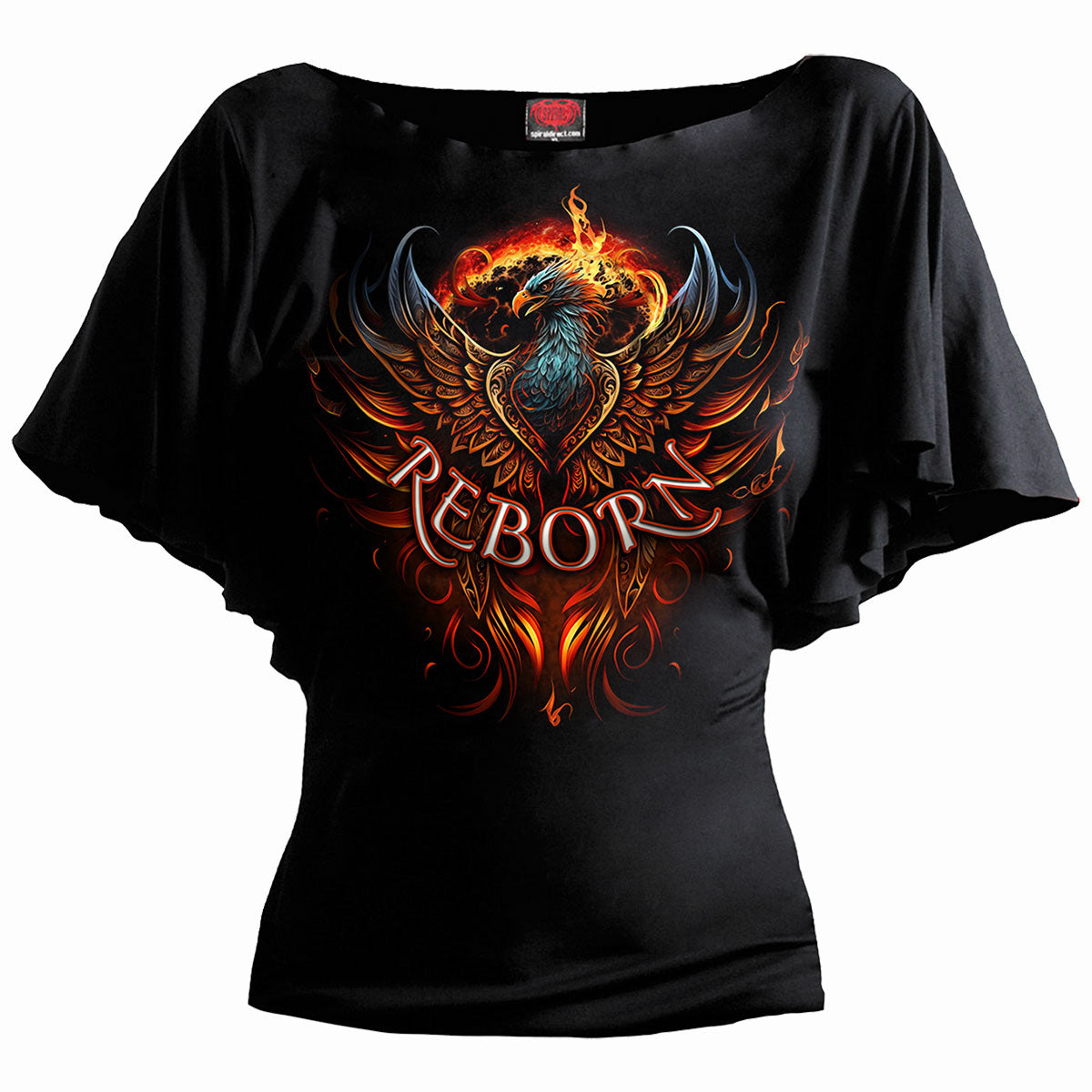 Ashes Reborn gothic Boat Neck Bat Sleeve Top in Black by Spiral Clothing - Front view