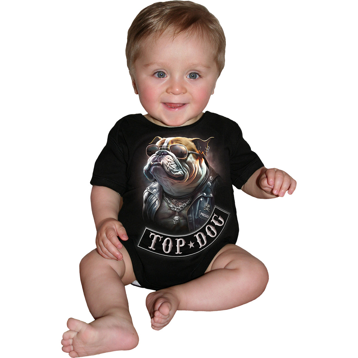 Top Dog gothic Baby Sleepsuit in Black by Spiral Clothing 